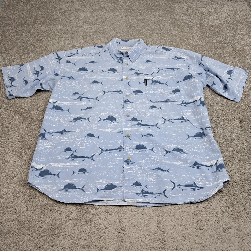 Columbia Mens XXL Blue Sailfish Marlin Print Cotton Short Sleeve Button Shirt